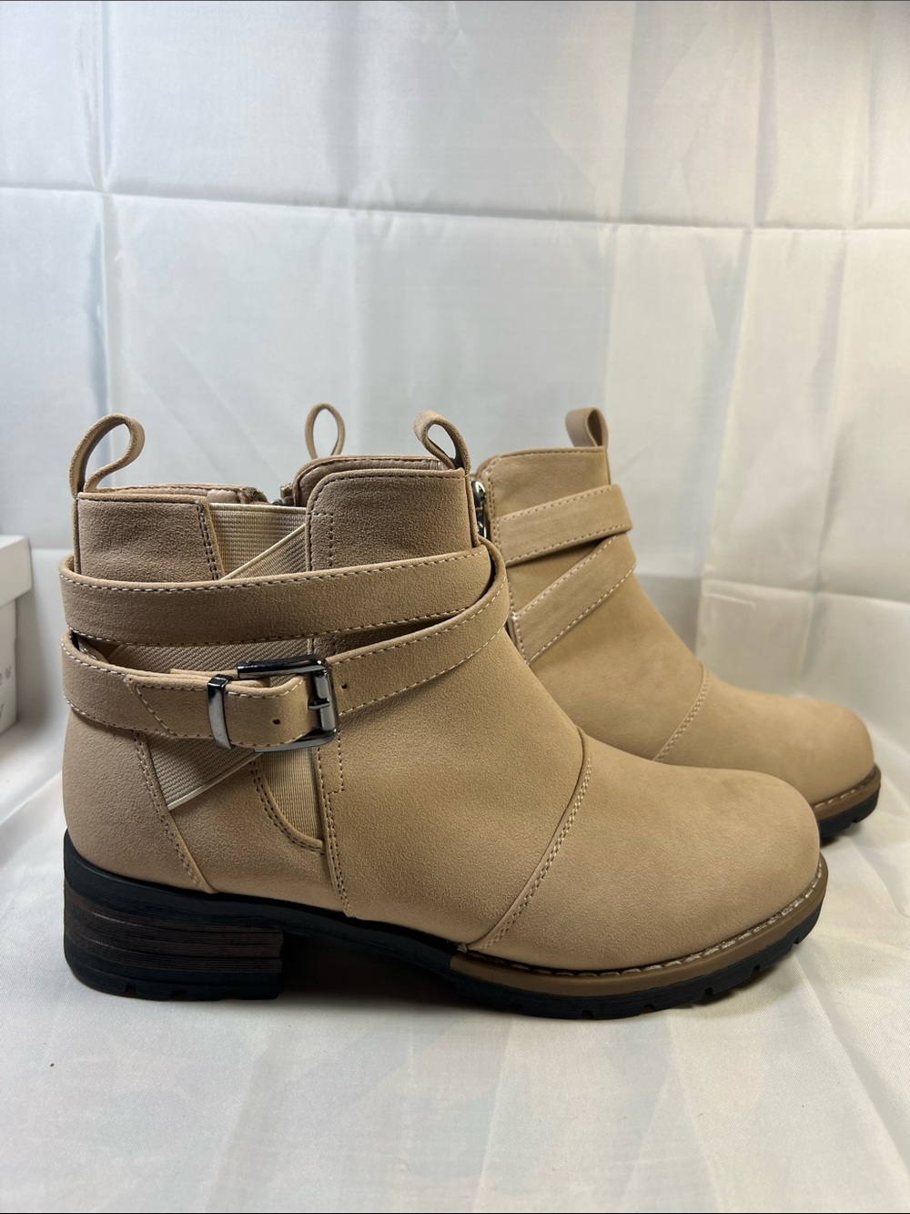 Neutral Beige Ankle Booties with Buckle Strap